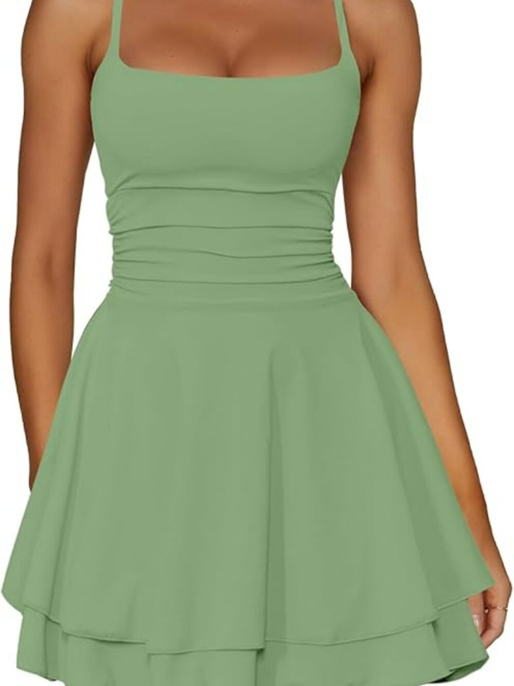Women's Ruffle Mini Dress with Spaghetti Strap and Ruched Corset
